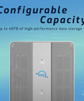 Turbocharged Eight Terabyte Dual Bay External Raid Enclosure With Three Port USB Type C Hub front view showing buttons and logo.