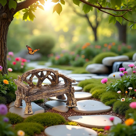 Two Piece Resin Garden Bench Set For Fairy Gardens And Dollhouses, Realistic Fairy Village Furniture Ornaments on garden path