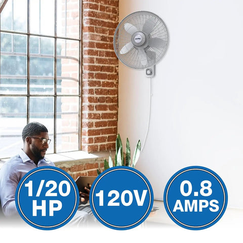 Commercial Grade 18 Inch Oscillating Wall Mount Fan With 3 Speed 120V Heavy Duty Metal Front Grill in a modern room setting.