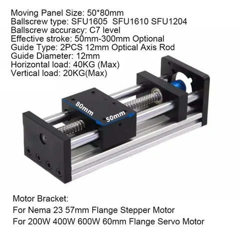Beefy 50mm Wide Linear Guide Slide Table With SFU1204 Ball Screw, 200mm Travel, 57mm Opening, 2.2Nm Torque, 1605 1610 Leads, Nema 23 Stepper Compatible, Perfect For CNC Router And Milling Motion, 50x80mm slide table