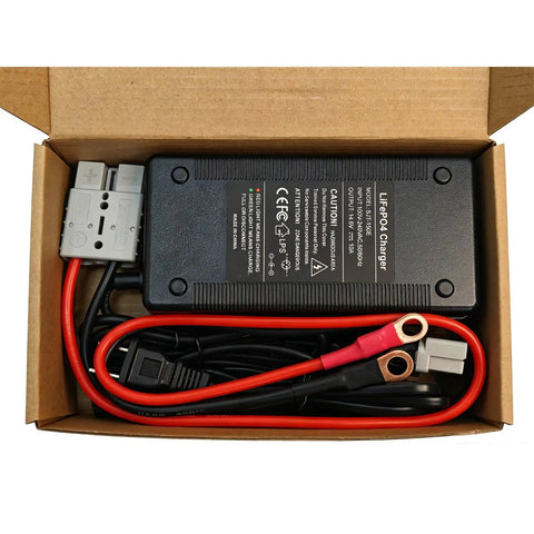 Heavy Duty Badass 12V LiFePO4 Battery Charger 10 Amp Rapid Charge Kit in open box with cables and connectors.