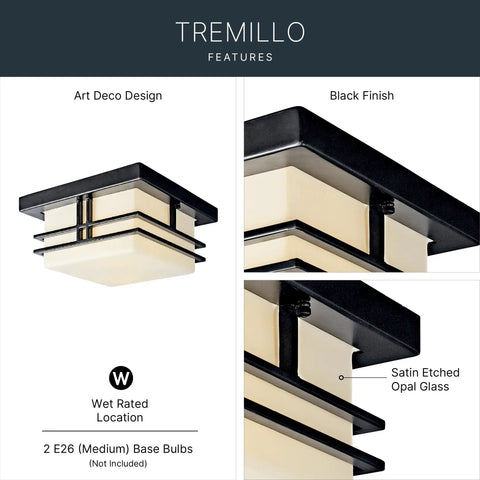 Outdoor Semi Flush Light With A Slick Black Finish, 2 Light Exterior Ceiling Light With Satin Etched Cased Opal Glass, square view