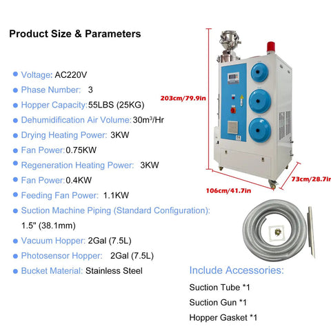 Heavy Duty All In One Plastic Granule Dehumidifier Dryer With 55 Lbs Capacity, Hot Air Drying System, 220V, product dimensions and features