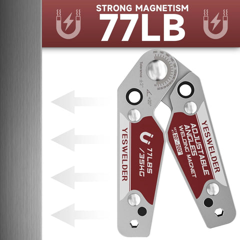 YesWelder adjustable-angle welding magnet, front view; gray/red, 77 lb holding power.