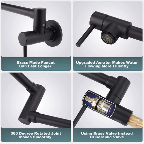 Solid Brass Pot Filler Faucet With Matte Black Finish Wall Mount Folding Kitchen Sink Filler Faucet Retractable 360 Degree Swivel No Fuss Single Hole With Dual Handles For Stove And Sink, showing close-up details on brass construction and swivel joint.