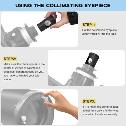 1.25 Inch All Metal Collimating Cheshire Eyepiece Without Laser For Newtonian Reflector Telescopes, Built For Dobsonian And SCT Alignment, 45 Degree Plate For Quick Visual Accuracy, Pro Grade Aluminum Construction, Short Version; usage guide shown in three steps.