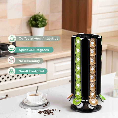 K Cup Holder Carousel Stand For Keurig Pods, 360 Degree Rotation, 48 Pod Organizer, Black Cast Iron Coffee Pod Rack Kitchen