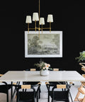 Dining room with artwork and chandelier against Peel And Stick Matte White Wallpaper For Walls And Furniture Self Adhesive White Contact Paper Removable Waterproof Easy DIY Kitchen Countertop Cabinet Wardrobe Makeover No Glue Required