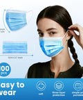 Woman wearing Blue Disposable Face Masks Pack Of 100, 3-Ply Breathable Nonwoven Masks, showing comfort and dimensions