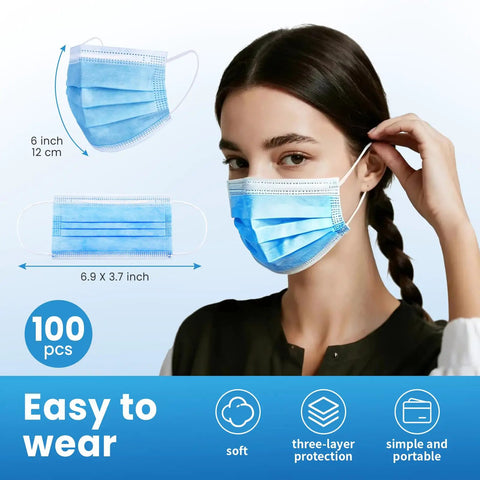 Woman wearing Blue Disposable Face Masks Pack Of 100, 3-Ply Breathable Nonwoven Masks, showing comfort and dimensions
