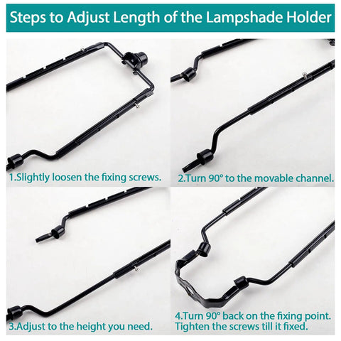 Go To Adjustable Lamp Shade Harp Holder Kit For 7 To 10 Inch Lampshades steps to adjust length with black frame and screws.