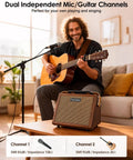 Musician playing guitar next to Crush20 Acoustic Guitar Amp With Reverb And 20W Power, Mic And Guitar Dual Channel Amplifier