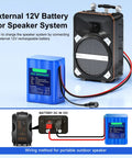 External speaker system with 12V 5600mAh lithium battery and charger leads for DIY projects and electronics setup guide.