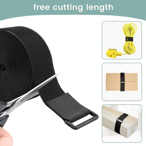 Scissors cutting 1.5 Inch Wide Cinch Straps 16 Foot Heavy Duty Nylon Cable Ties With 20 Buckles For Custom Lengths And Easy Organization