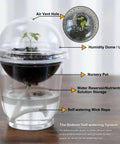 30 Piece Self Watering Nursery Pots Kit With Drainage Holes Humidity Domes Water Reservoirs And Wicking Rope For Seedlings Veggies Fruits And Flowers Includes Plant Labels For Easy Seed Starting shown with air vent, nursery pot, and wick rope.