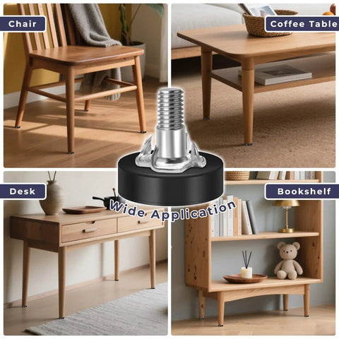 Beefy Heavy Duty Adjustable Furniture Leveling Feet Kit With 12 Pack Claw Nail Nuts 0 to 0.4 Inches Height Range Quarter Inch Thread For Tables Desks Chairs Stools Cabinets No Wobble Stability