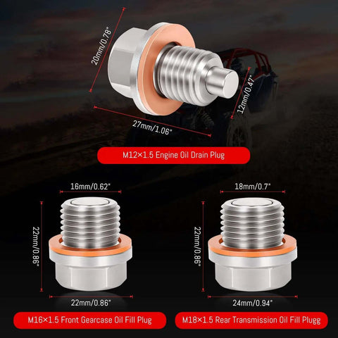 Top Tier 5-Piece Stainless Steel Magnetic Oil Drain Plug Kit For Polaris RZR Ranger General Sportsman Heavy Duty Gearcase Engine Fill Set Replaces 7052306 2203738 2203739 3234756 3234755 With Washers M12x1.5 plug with washers