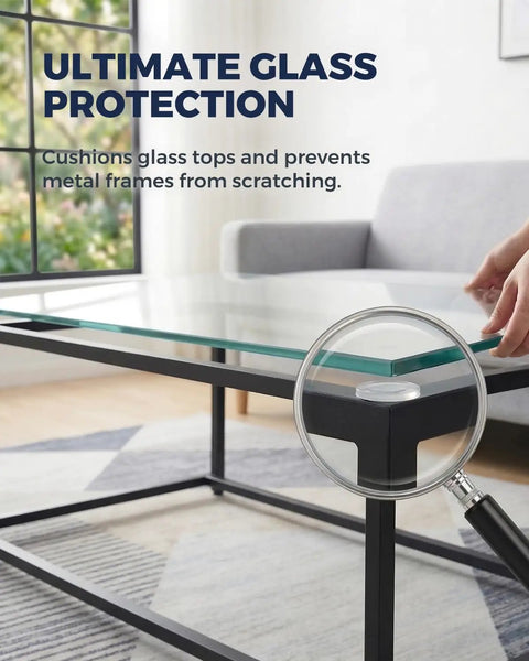 Rock Solid Clear Silicone Anti Slip Pads For Glass Tables And Desks With Zero Slide Grip and Protective Two Millimeter Cushion placed under glass table.