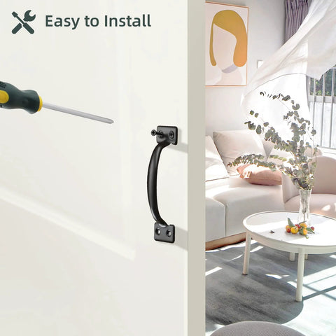 5-3/4 Inch Black Gate Pull Handle Set 25 Pack With Screws installed on interior door near living room