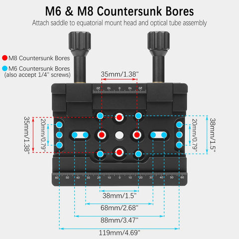 2in1 Telescope Scope Dual Dovetail Saddle Clamp Mount Base with measurements for Losmandy and Vixen style plate rails
