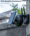 2K Wireless Outdoor Security Camera With 360 Degree Pan Tilt Solar Powered mounted on rainy day showcasing IP65 durability
