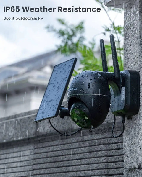 2K Wireless Outdoor Security Camera With 360 Degree Pan Tilt Solar Powered mounted on rainy day showcasing IP65 durability