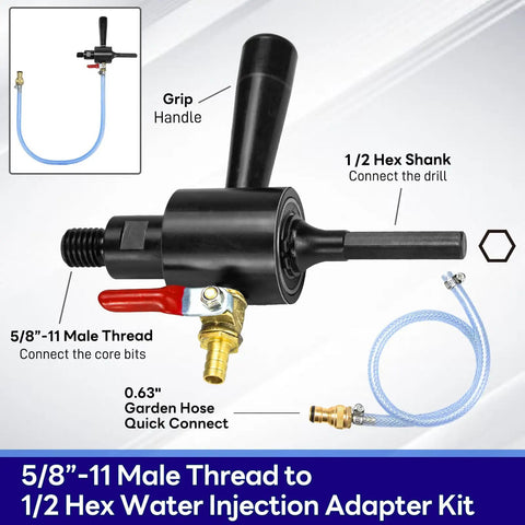 Five Eighths Inch To One Half Inch Hex Shank Water Injection Core Adapter Kit With Quick Connect Hose for Wet Drilling