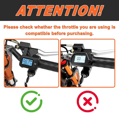 Integrated M Key Display Throttle Grip With LCD Speedometer for Soleil 01, showing compatibility instructions, check marks visible