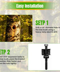 Beefy Heavy Duty Treehouse Bracket With Attachment Bolts For 1.25 Inch Lags Or TABs Static Support Plate High Strength Steel Powder Coated Black Load Bearing Treehouse Hardware installed on tree trunk