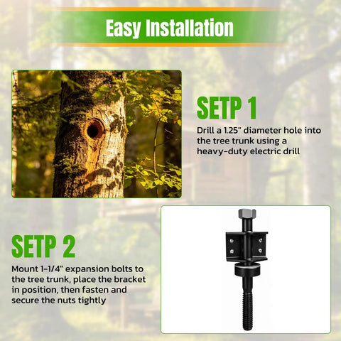 Beefy Heavy Duty Treehouse Bracket With Attachment Bolts For 1.25 Inch Lags Or TABs Static Support Plate High Strength Steel Powder Coated Black Load Bearing Treehouse Hardware installed on tree trunk