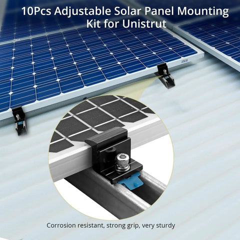 10 Pack Adjustable Solar Panel End Clamps For Unistrut Channels Featuring 30 To 50mm aluminum mounts securing solar panels.
