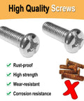 Two chrome machine bolts with rust-proof and corrosion-resistant features displayed on a white background