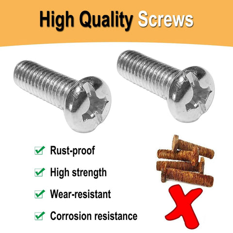 Two chrome machine bolts with rust-proof and corrosion-resistant features displayed on a white background