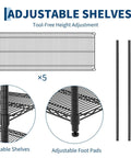 Adjustable shelves for Tough As Nails Rock Solid Heavy Duty Metal Storage Rack Five Tier Wire Shelf, carbon steel construction.