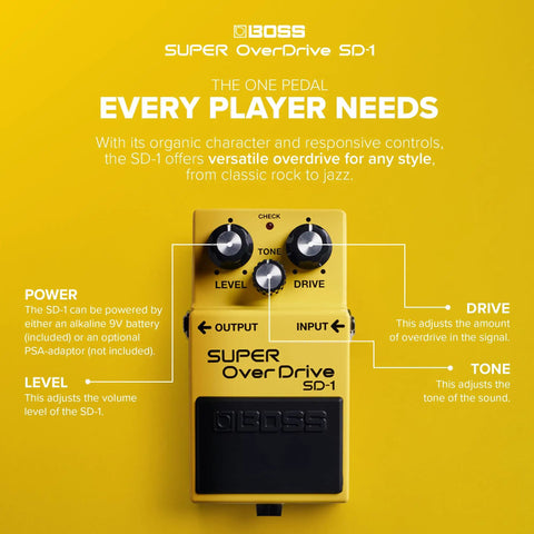 SD1 Super Overdrive Pedal For Electric Guitars With Tube Like Clipping Dynamic Tone Options And Easy To Use Controls Display
