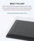 Close-up of 100W Flexible Solar Panel for Off Grid Power, high efficiency, glass fiber coating, corner detail.