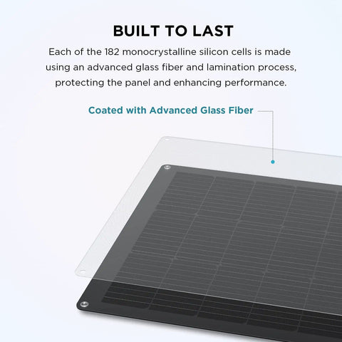 Close-up of 100W Flexible Solar Panel for Off Grid Power, high efficiency, glass fiber coating, corner detail.