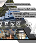 Driveline Lubricant Kit For Ford Drive Shaft Boot Repair One Set That Fixes Driveline Clunk From Dry Splines and Keeps Your Ford Truck Shifting Smooth On F150 And Other Ford Models. Includes metal band and lubricant tube, displayed with vehicle icons.