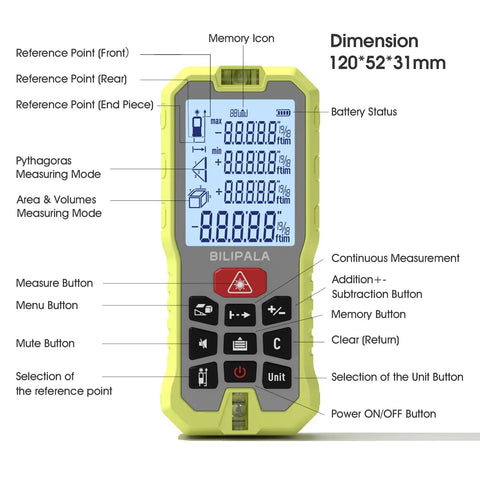 165ft Digital Laser Distance Meter With Dual Bubble Levels And Backlit 2 Inch LCD, High Precision Measuring Tool For Area, Volume And Pythagoras, Quiet Mute Mode, Battery Included, No-Fuss Readouts For Quick Layouts, front view