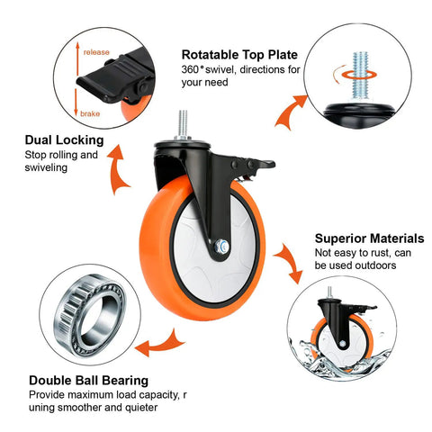Six Inch Swivel Caster Wheels With Dual Locking Brakes And Silent Steel Threaded Stem Casters Built Tough For Heavy Haul Projects with dual braking system.