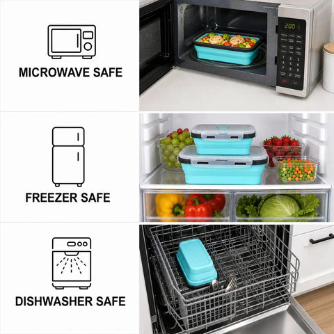 4 Pack Space Saving Collapsible Food Storage Containers with airtight lids shown in microwave, freezer, and dishwasher