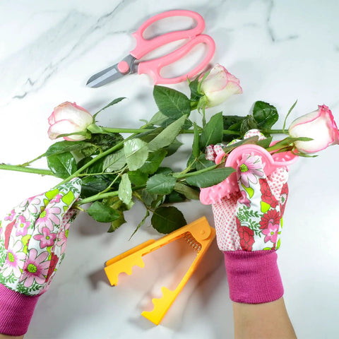 Rose Thorn Tools Set With Rose Leaf Thorn Strippers Pruning Shears Pink Garden Gloves And Florist Scissors For Easy Thorn Removal And Pruning In The Garden Kit For Easy Rose Care At Home, displayed with leaves and gloves on a white surface.