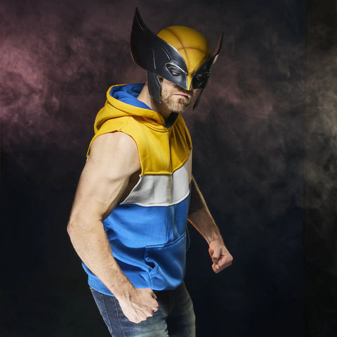 Legit Screen Accurate Wolverine Premium Roleplay Mask Featuring Authentic Movie Details And Officially Licensed Construction For Top Shelf Adult Collectibles And Zero Fuss Cosplay worn with a blue and yellow hoodie, showcasing a powerful stance.