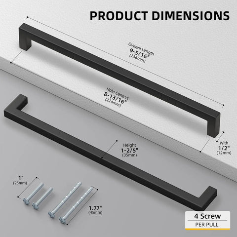 Dimensions of Black Square Bar Cabinet Pulls Set of 10 Stainless Steel Modern Kitchen and Bath Drawer Handles 8 4/5 in 224 mm