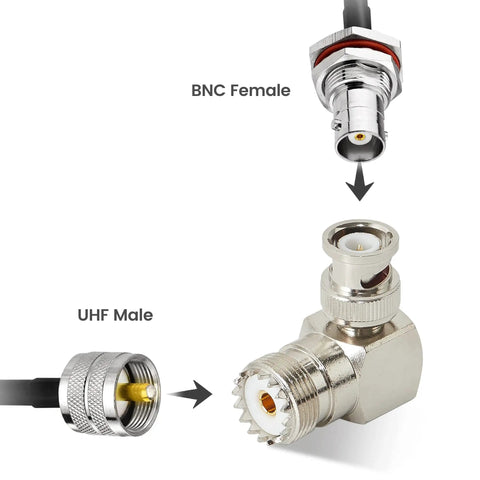 BNC Male to UHF Female SO239 Right Angle Coax Connector for Ham Radio CB Antenna and Scanner Gear 2 Pack RF Adapter