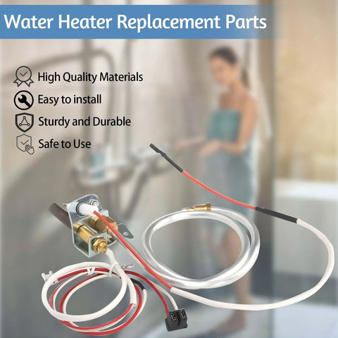 Front view of water heater pilot assembly parts kit with brass valve, red and white wires, and clear tubing