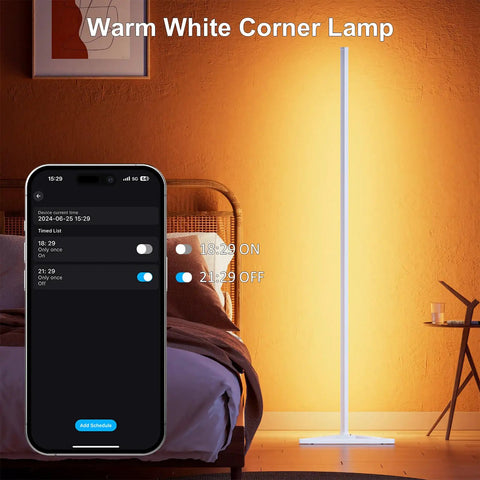 Warm white Smart RGB Corner Floor Lamp with app control next to a bed, showing timer settings on smartphone screen.