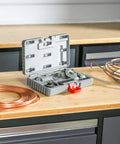 Heavy Duty Double Flaring Tool Set With Extra Adapters for Copper Aluminum Soft Steel Brake Lines and Brass Tubing on workbench