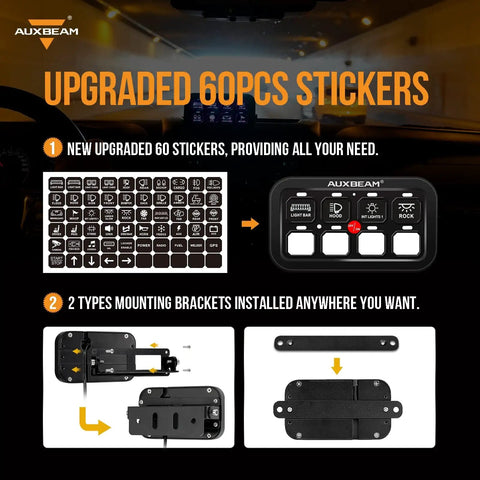 8 Gang Switch Panel With Auto Dimmable LED Touch Control and stickers, showing switch panel and mounting brackets