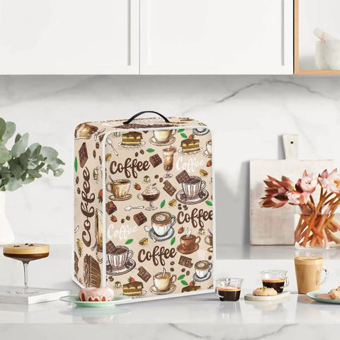 Cozy Flannel Coffee Maker Cover With Top Handle Keeps Your Coffee Station Dustproof And Waterproof Featuring A Decorative Coffee Pot Print